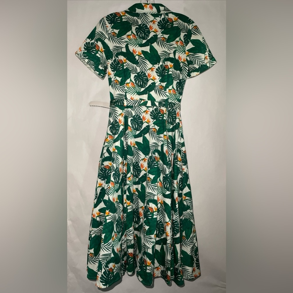 Collectif Swing Dress w/ Collar 1950s White w/ Green & Orange Leaf Pattern XS - Picture 4 of 14